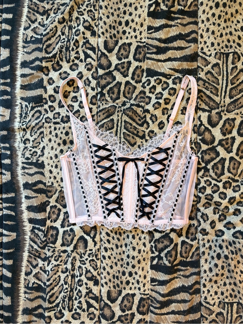 Victoria's Secret Pink Lace Corset Bralette with Black Ribbon